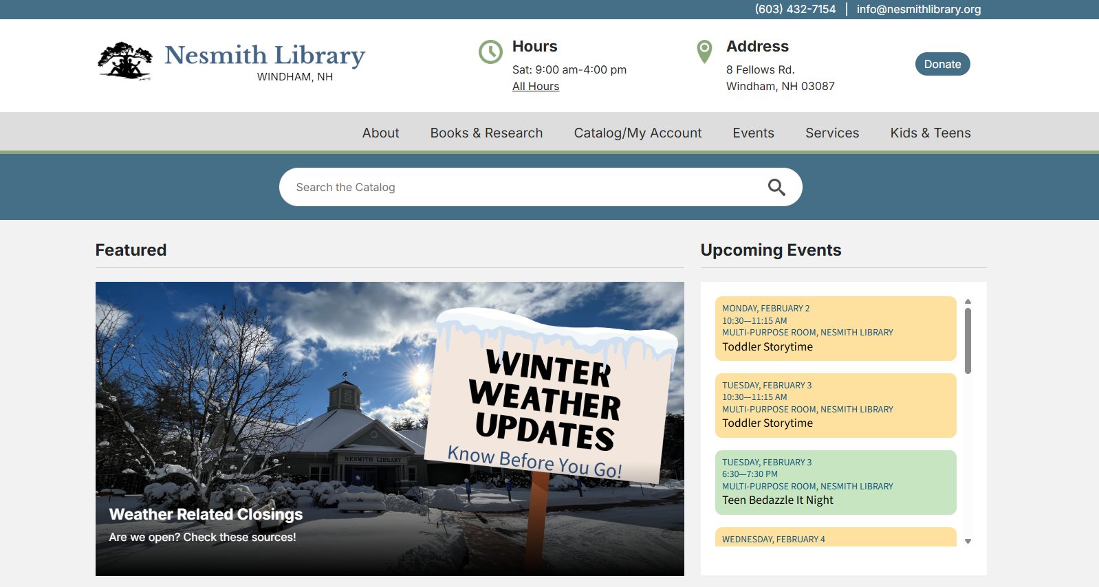 Nesmith Library website screenshot